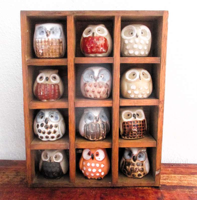 Vintage 12 Miniature Pottery Owls in Display Cabinet Wall Art, please note, one broken, not visible