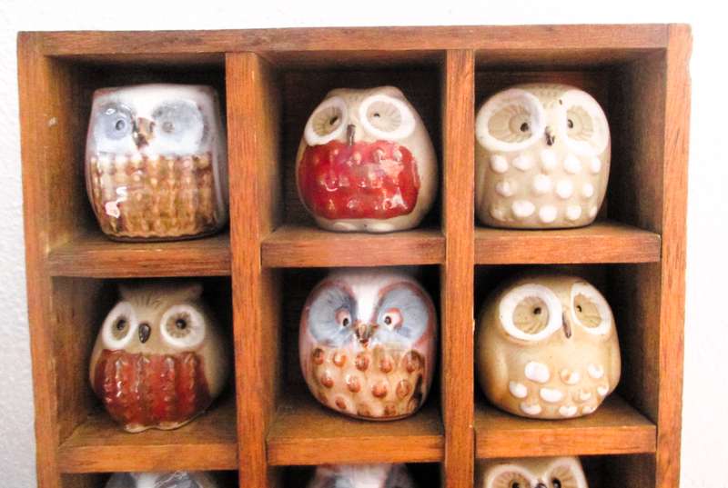 Vintage 12 Miniature Pottery Owls in Display Cabinet Wall Art, please note, one broken, not visible