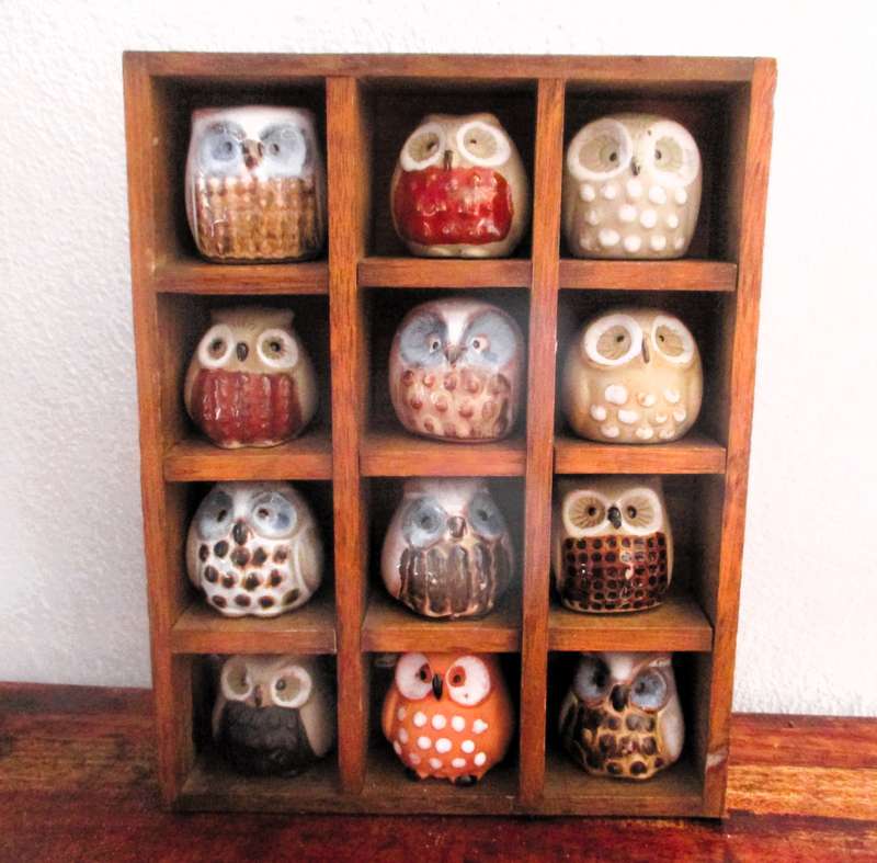 Vintage 12 Miniature Pottery Owls in Display Cabinet Wall Art, please note, one broken, not visible