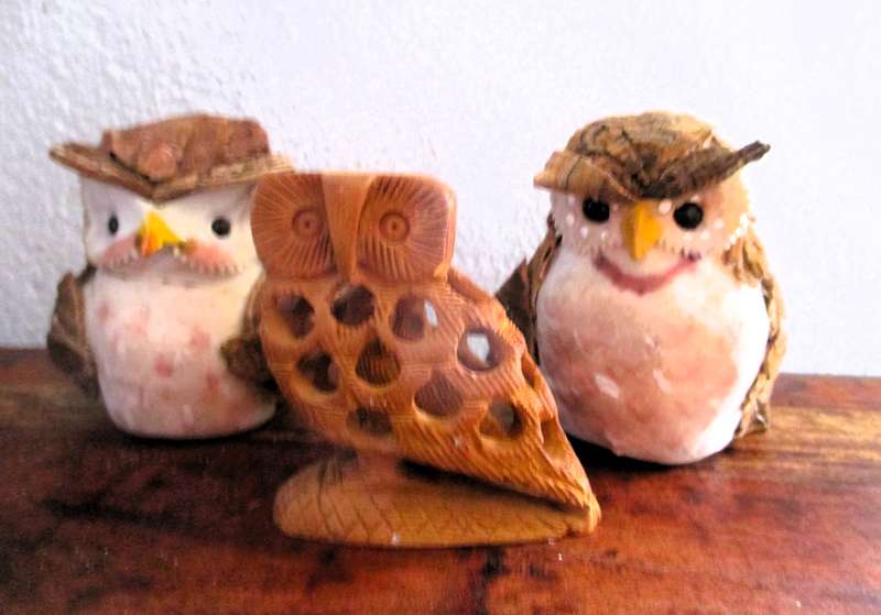 Lot of 3 handmade and carved owl ornaments