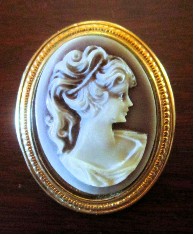 Vintage CAMEO Faux Gold Tone White on Brown Portrait Scarf Clip