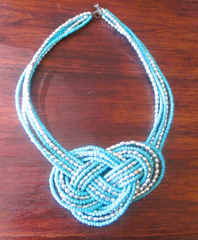 Vintage Necklace Turquoise Blue & Silver colour Seed Beads Knot, Striking item.