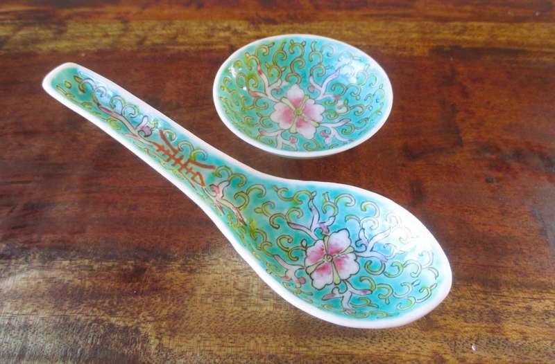 Vintage Mun Shou Porcelain Soup Spoon with small soy sauce bowl.