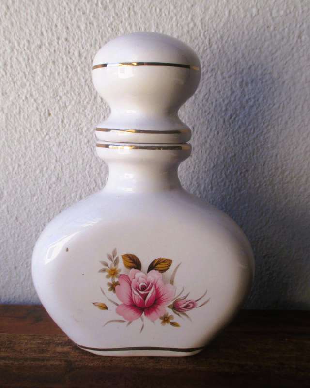 Vintage Porcelain Handpainted with roses, Stoppered Bottle 130mm high. Spotless