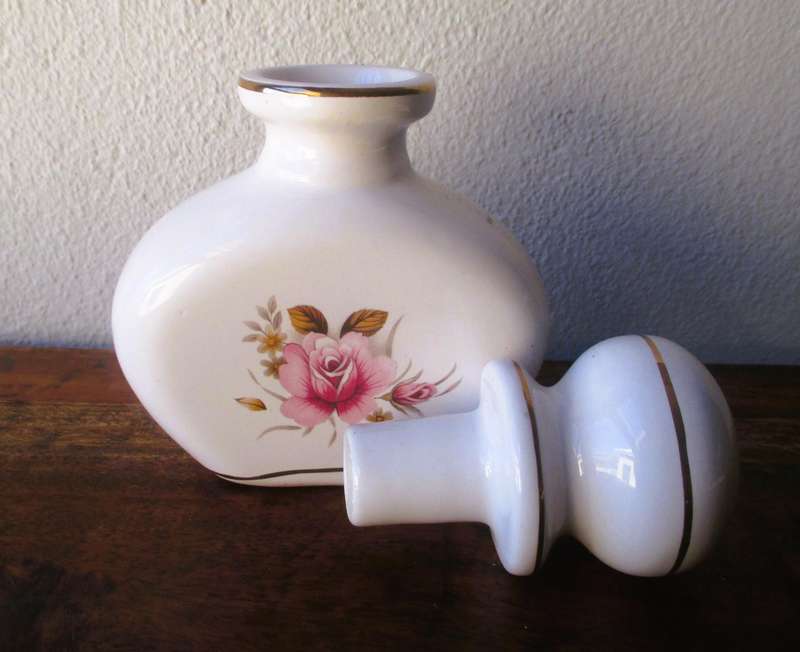 Vintage Porcelain Handpainted with roses, Stoppered Bottle 130mm high. Spotless