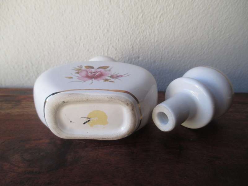 Vintage Porcelain Handpainted with roses, Stoppered Bottle 130mm high. Spotless