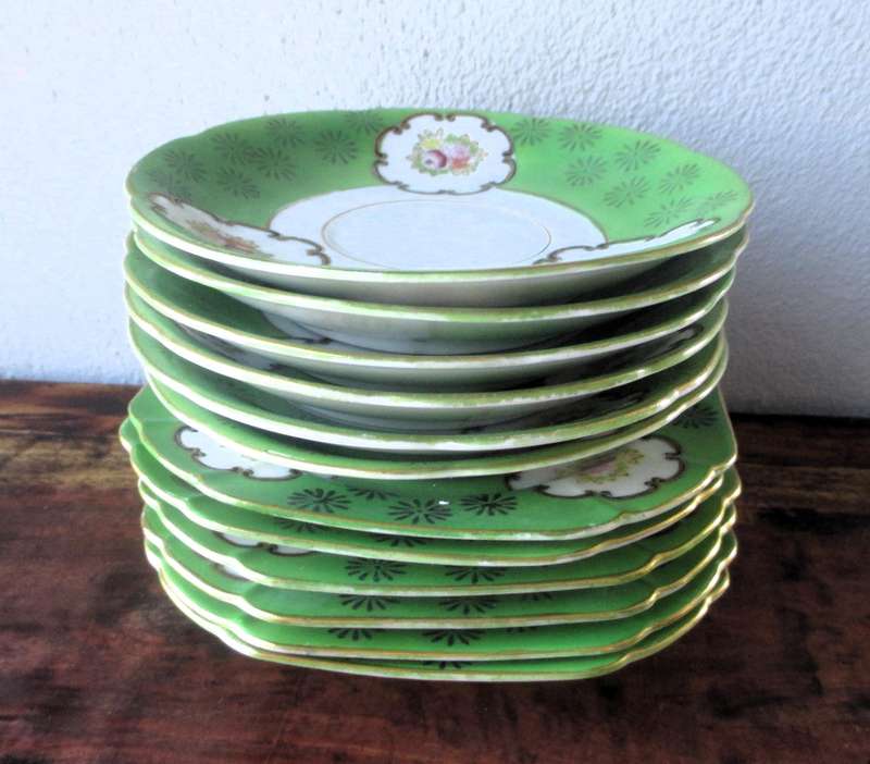 Lot of 12 Vintage Porcelain plates. 6 saucers and 6 cake plates. Elgin China. Lovely green design.