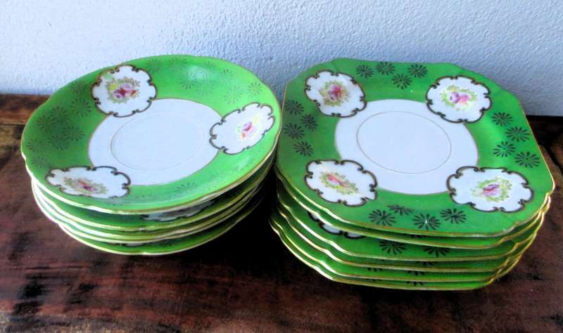 Lot of 12 Vintage Porcelain plates. 6 saucers and 6 cake plates. Elgin China. Lovely green design.