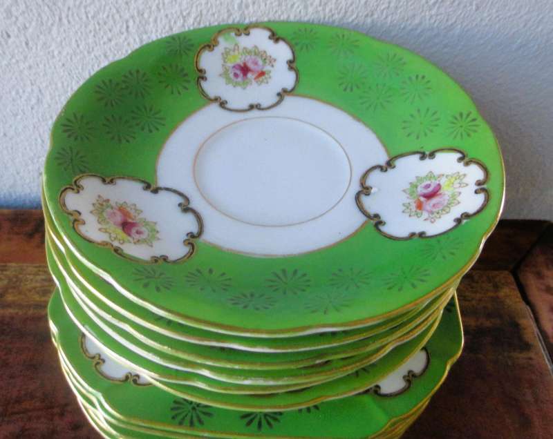 Lot of 12 Vintage Porcelain plates. 6 saucers and 6 cake plates. Elgin China. Lovely green design.