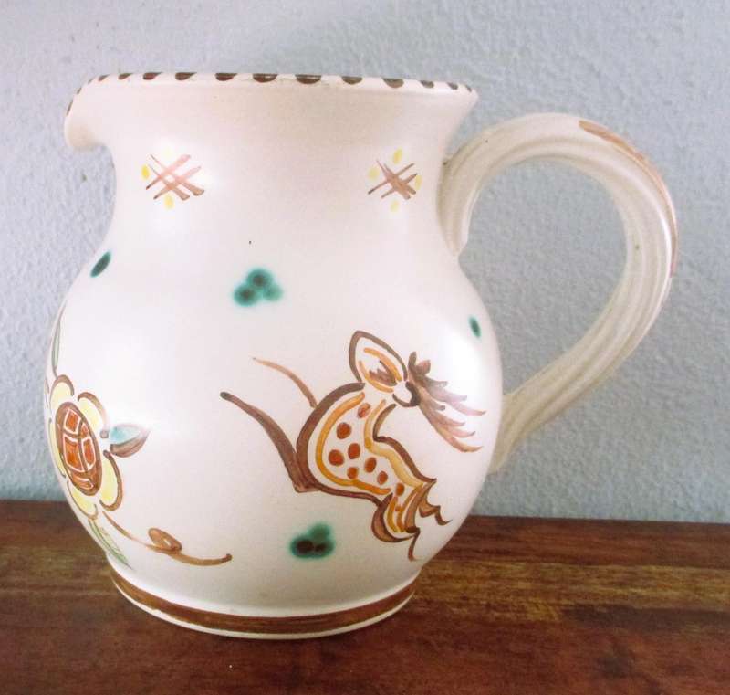 Vintage Honiton Pottery  jug Woodland design hand painted brown leaping deer 1940s, Art Deco, 130mm