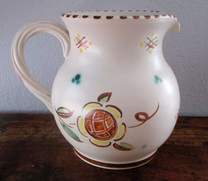 Vintage Honiton Pottery  jug Woodland design hand painted brown leaping deer 1940s, Art Deco, 130mm
