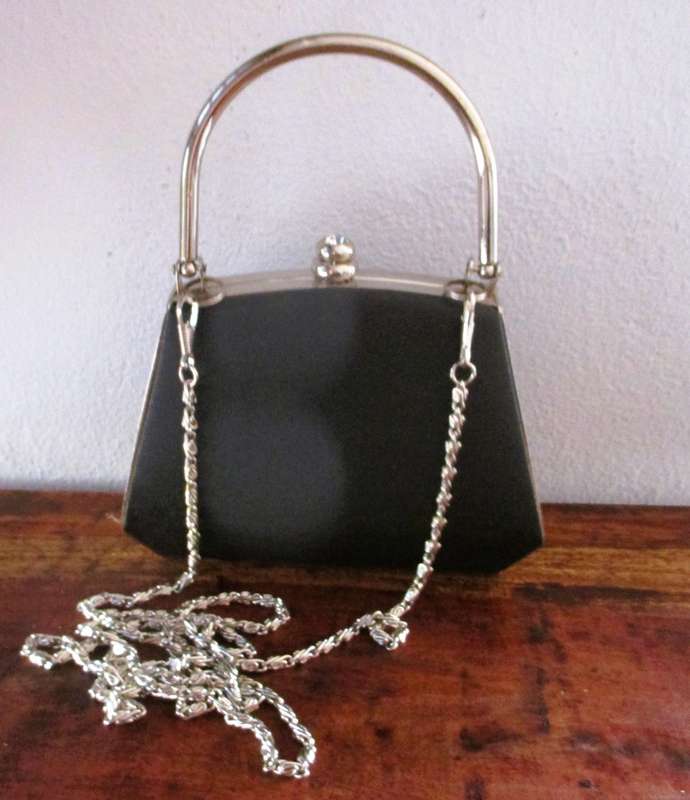 Black satin and silver color finiahes evening purse / clutch, rhinestone detail on clasp 15x12cm