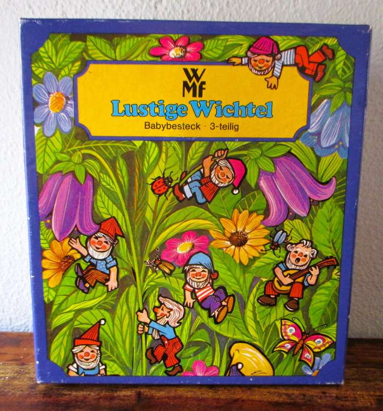 Vintage WMF children's cutlery set, Lustige Wichtel, knife, fork, spoon, Gnome design, boxed
