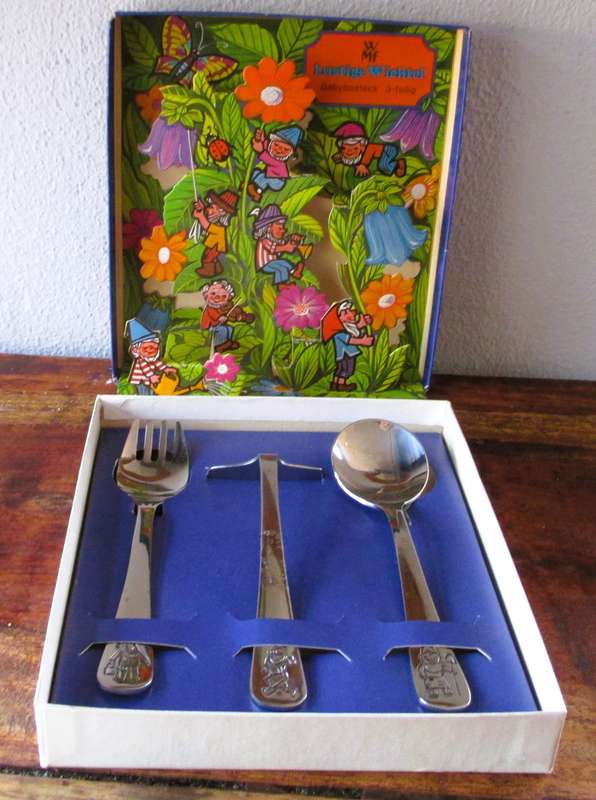 Vintage WMF children's cutlery set, Lustige Wichtel, knife, fork, spoon, Gnome design, boxed