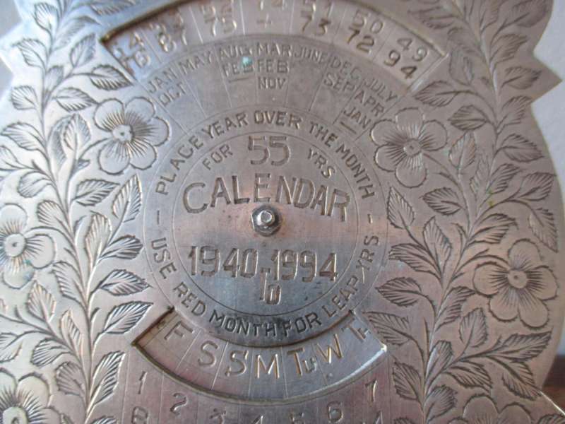 Vintage Ornate 55 Year 1940 to 1994 Engraved Calendar 150mm high. Made in India.