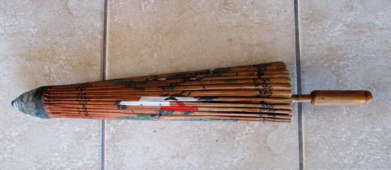 Vintage Oriental Bamboo Paper Parasol Umbrella Hand Painted Sun Birds & Flowers
