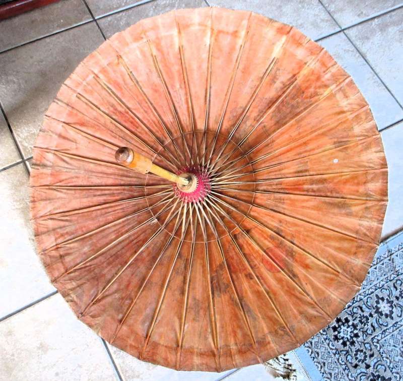 Vintage Oriental Bamboo Paper Parasol Umbrella Hand Painted Sun Birds & Flowers