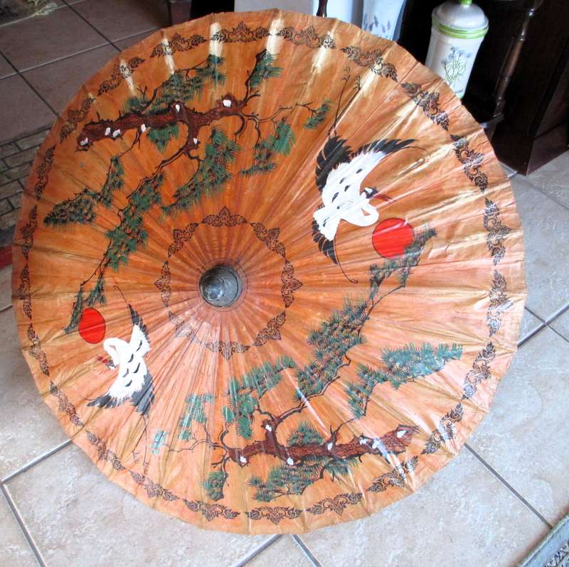 Vintage Oriental Bamboo Paper Parasol Umbrella Hand Painted Sun Birds & Flowers