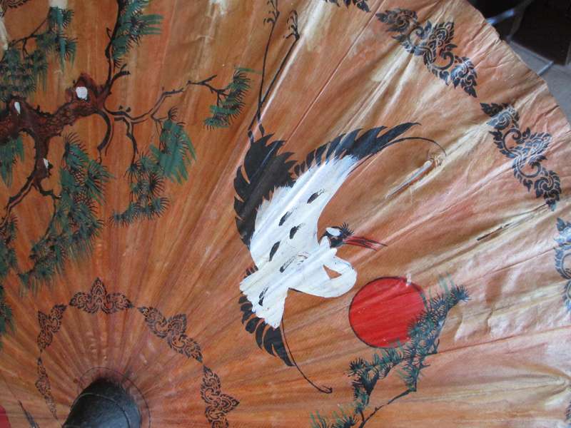 Vintage Oriental Bamboo Paper Parasol Umbrella Hand Painted Sun Birds & Flowers