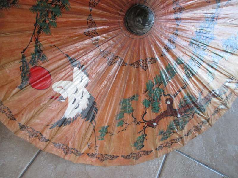 Vintage Oriental Bamboo Paper Parasol Umbrella Hand Painted Sun Birds & Flowers