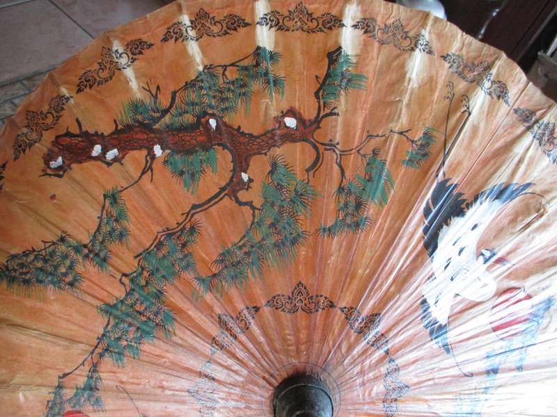 Vintage Oriental Bamboo Paper Parasol Umbrella Hand Painted Sun Birds & Flowers