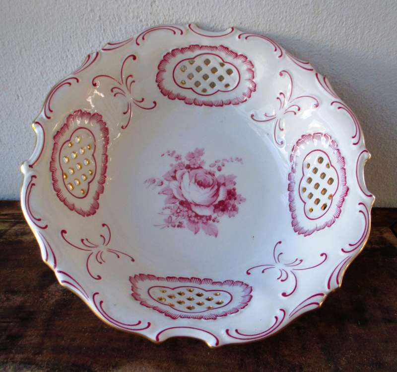 Vintage Pirken Hammer Porcelain Hand Painted Floral Pierced Bowl Czechoslovakia