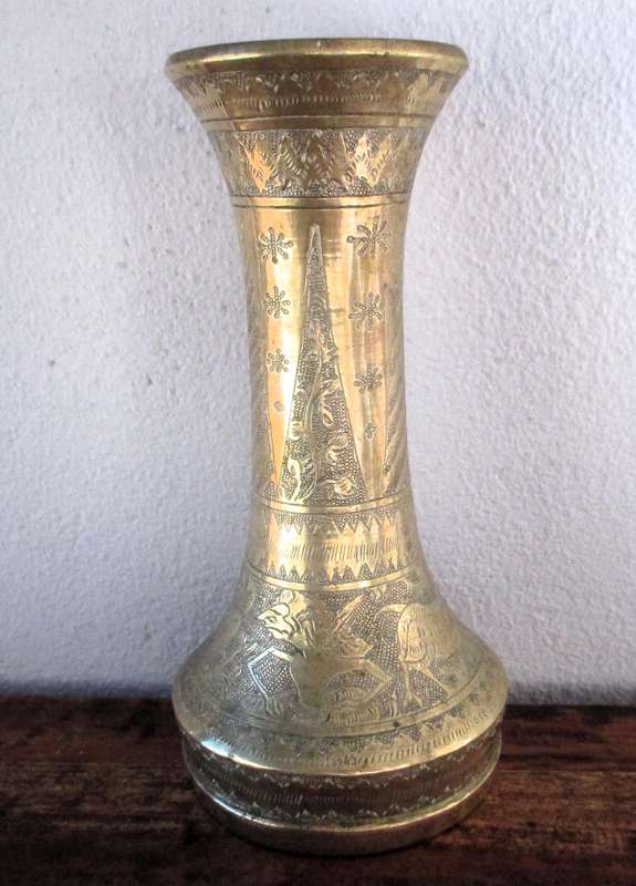 Vintage Brass Etched Vase India Middle Eastern Pyramid Islamic Ethnic Intricate