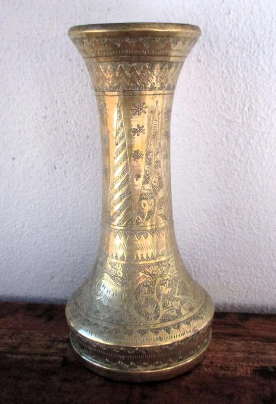 Vintage Brass Etched Vase India Middle Eastern Pyramid Islamic Ethnic Intricate