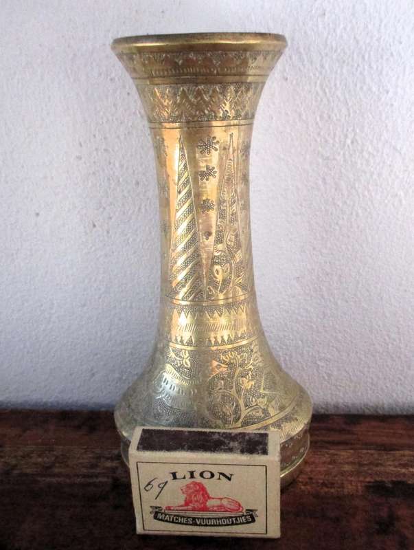 Vintage Brass Etched Vase India Middle Eastern Pyramid Islamic Ethnic Intricate