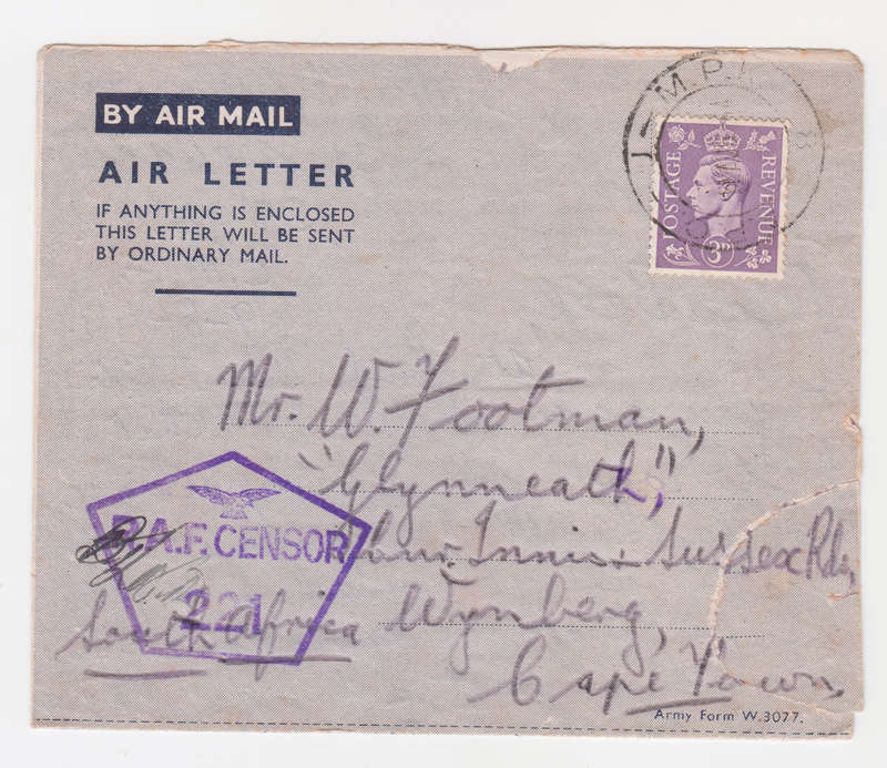 1944 WWII Air Letter. R.A.F. Censor 221.