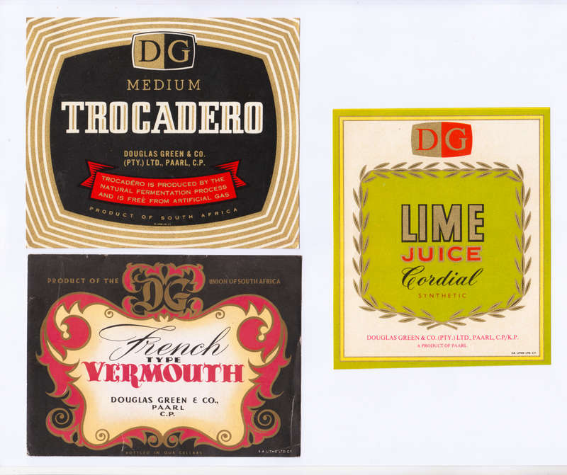 Vintage Wine Bottle Labels. Douglas Green Paarl. Tracadero, French Type Vermouth, Lime Juice.
