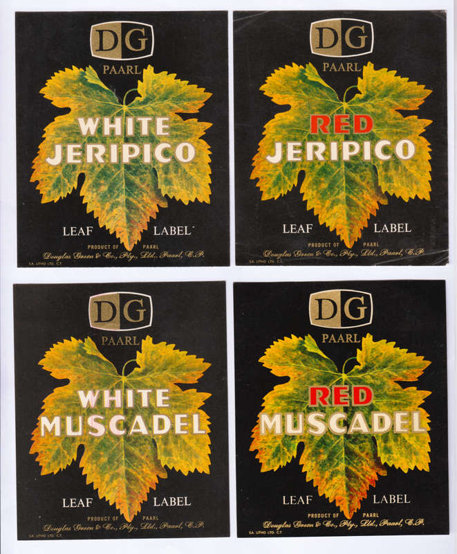 Vintage Wine Bottle Labels. Douglas Green Paarl. White and Red Muscadel, White and Red Jeripigo.