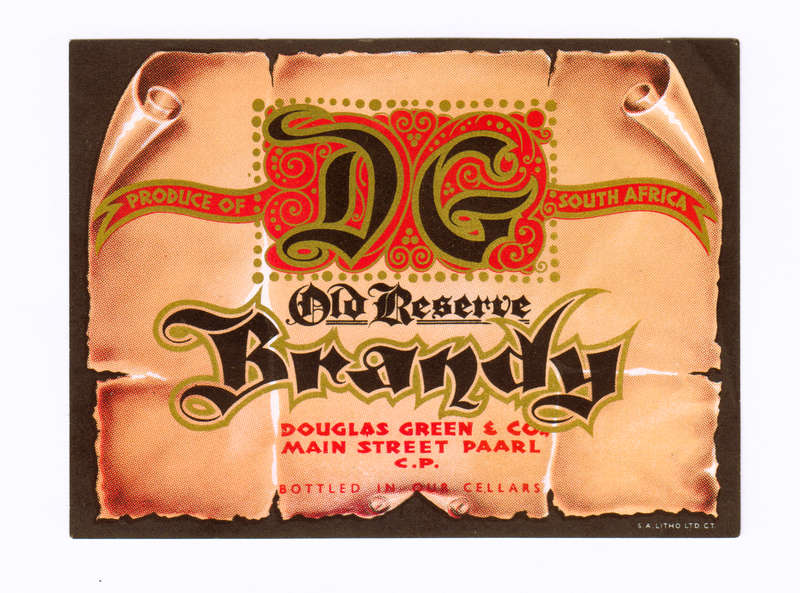 Vintage Wine Bottle Labels. Douglas Green Paarl. Old Reserve Brandy. Two different sizes.