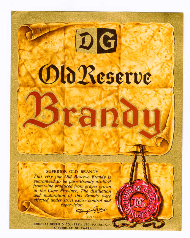 Vintage Wine Bottle Labels. Douglas Green Paarl. Old Reserve Brandy. Two different sizes.