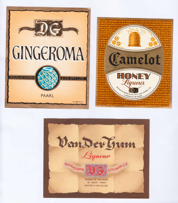 Vintage Wine Bottle Labels. Douglas Green Paarl. Gingeroma, Van der Hum Liqueur, Camelot Honey Lique
