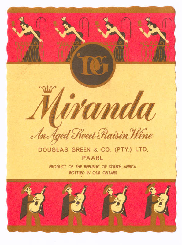 Vintage Wine Bottle Labels. Douglas Green Paarl. White and Red Jeripigo, Miranda Aged raisin wine.
