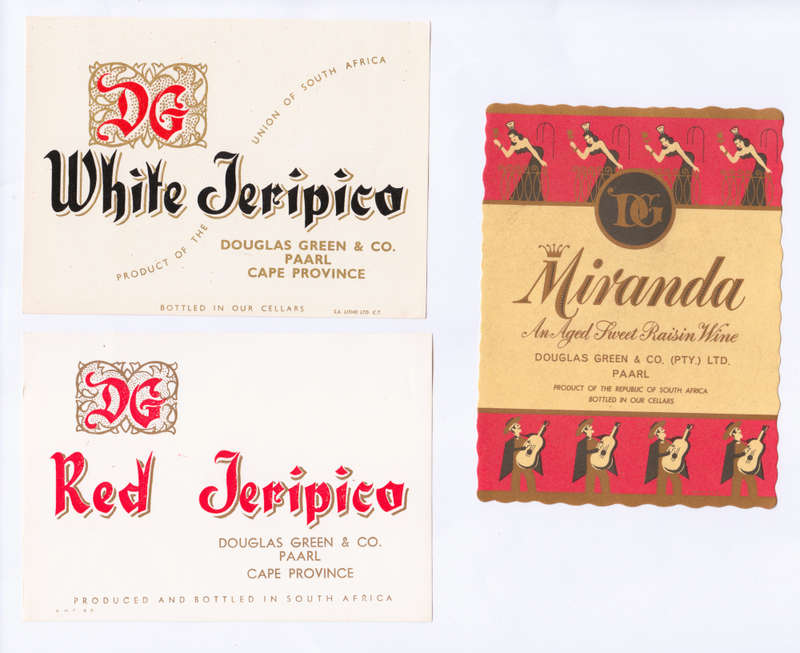 Vintage Wine Bottle Labels. Douglas Green Paarl. White and Red Jeripigo, Miranda Aged raisin wine.