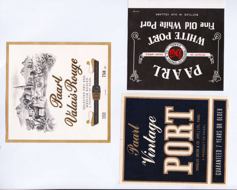 Vintage Wine Bottle Labels. Douglas Green Paarl. Vintage Port, Vintage White Port, Valais Rouge.