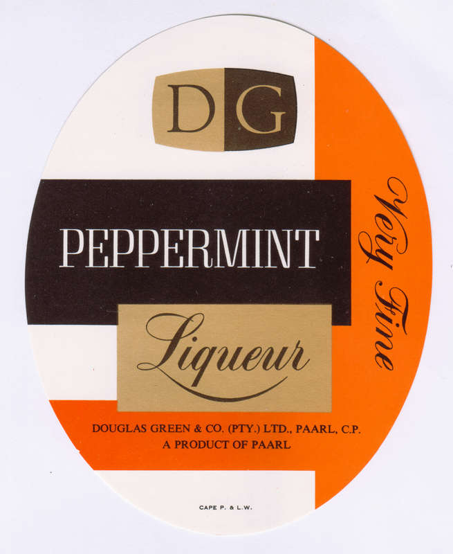 Vintage Wine Bottle Labels. Douglas Green Paarl. Buchu, Clove, Peppermint Liqueur.