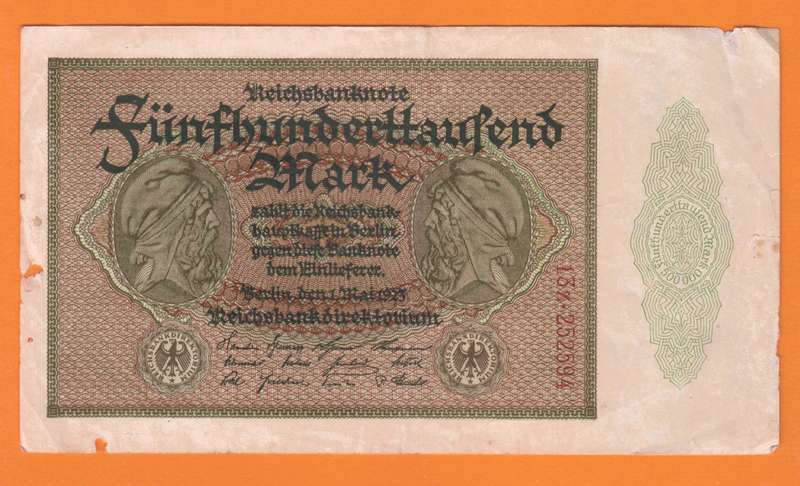 1923 Rare Ancient Germany 500,000 Mark Bank Note