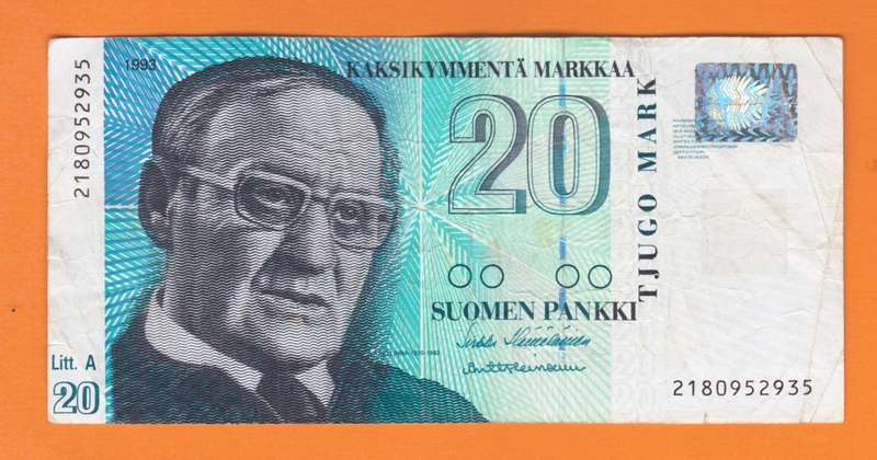 1993 Finland 20 Markkaa Bank Note