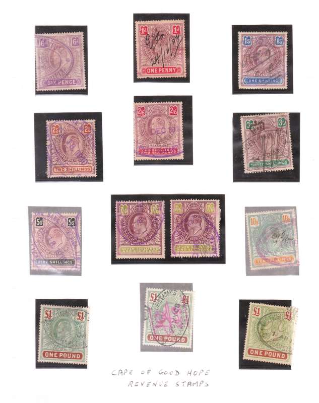 Cape of Good Hope Revenue Stamps. Lot of 13 stamps.