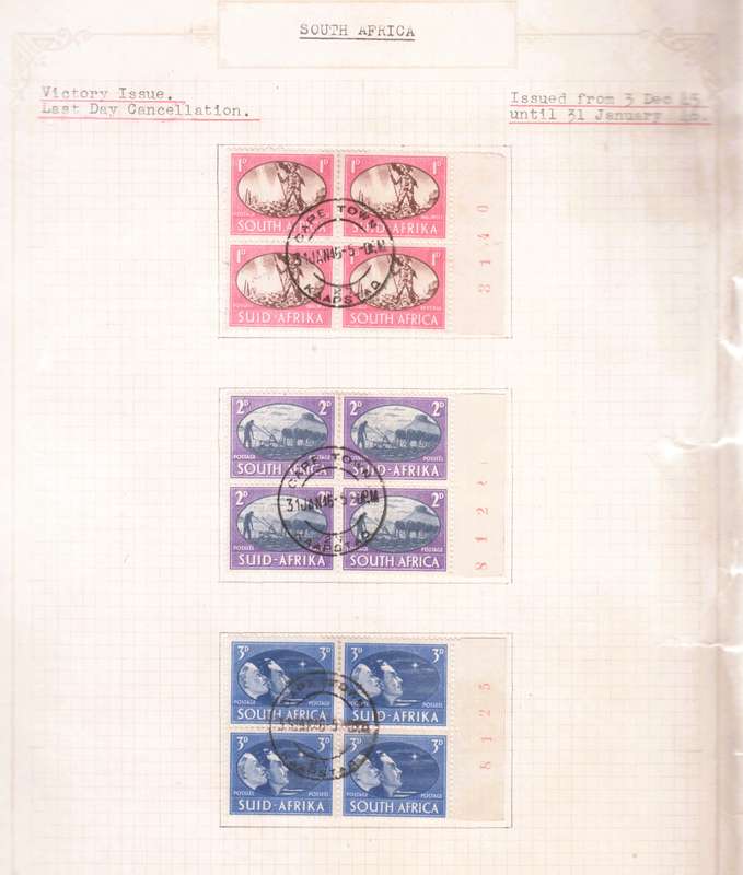 1945/6  Victory Issue Last Day Cancellation South Africa Stamp Blocks. Mint.