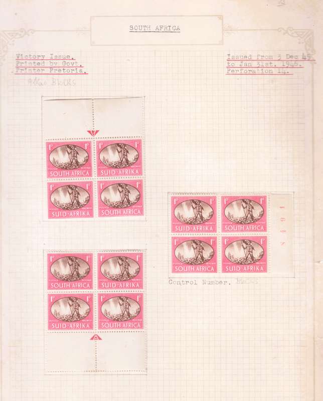 1945/6  Victory Issue South Africa Stamp Blocks. Mint.