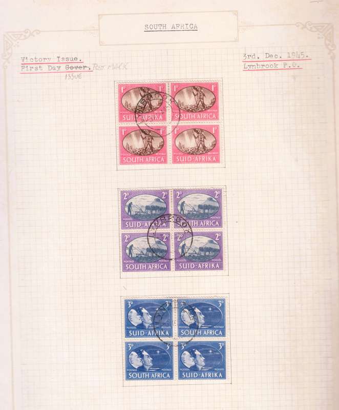 1945/6  Victory First Day Issue South Africa Stamp Blocks. Stamped.