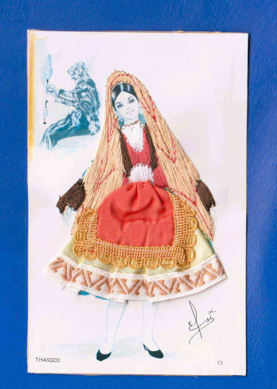1950's Vintage ELSI GUMIER Silk Embroidered Postcard Lady in Dress Greece Ethnic Costume Athens,