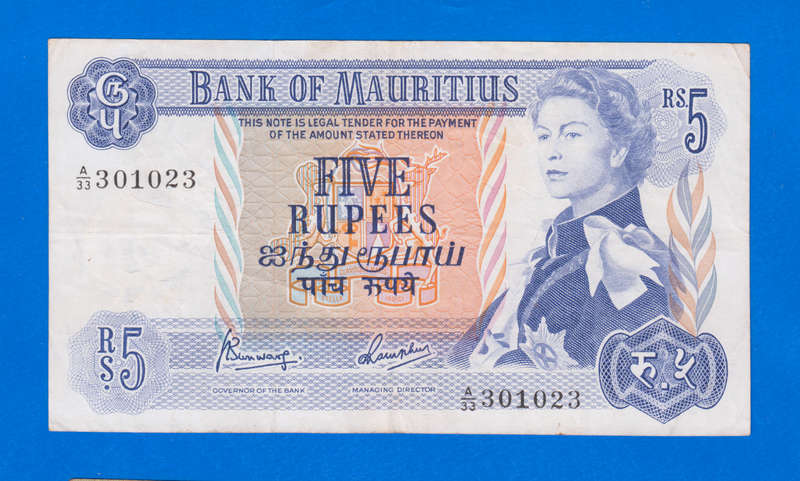 Mauritius 5 Rupees 1967 QEII Bank note