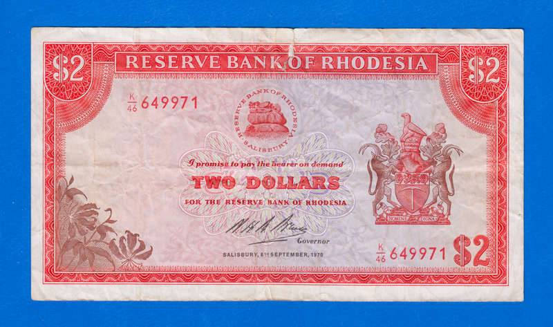 Rhodesia, 2 Dollars, 1970, Key Year, Reserve Bank of Rhodesia. As per scan.