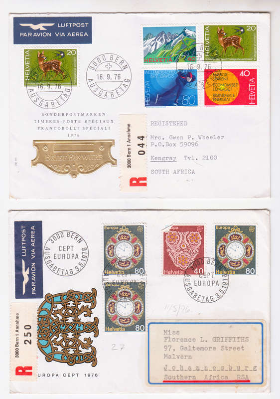 Lot of 2 Vintage 1976 Registered Airmail Bern to South Africa Stamped Covers.