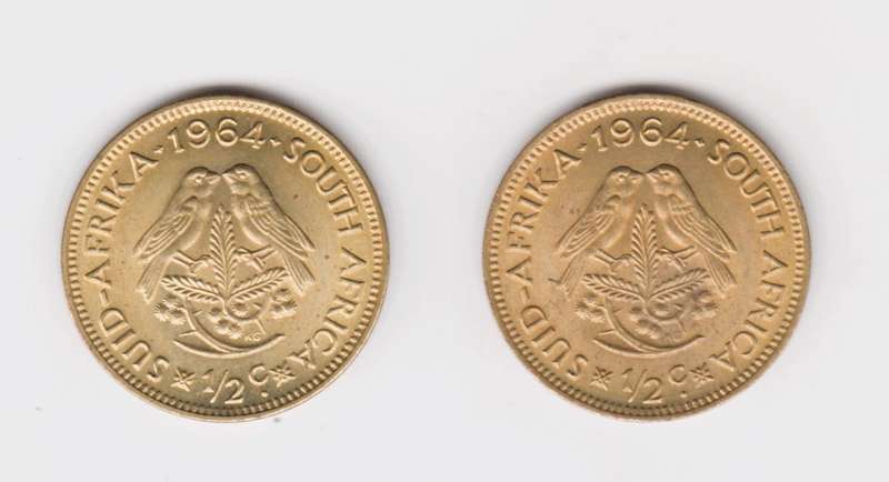 Lot of 2 1964 South Africa Republic Bronze half cent.